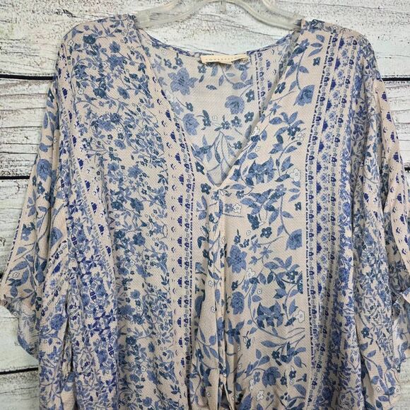 Lovestitch L Blue White Floral Boho Tie Front Kimono Top - Picture 4 of 8
